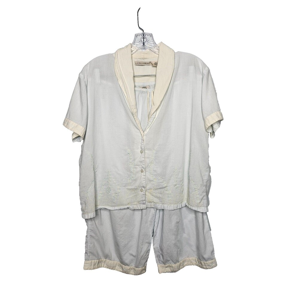 Vtg 90s LAURA ASHLEY Pajama Set Medium Cotton Button Up Top Capri Bottoms Shorts